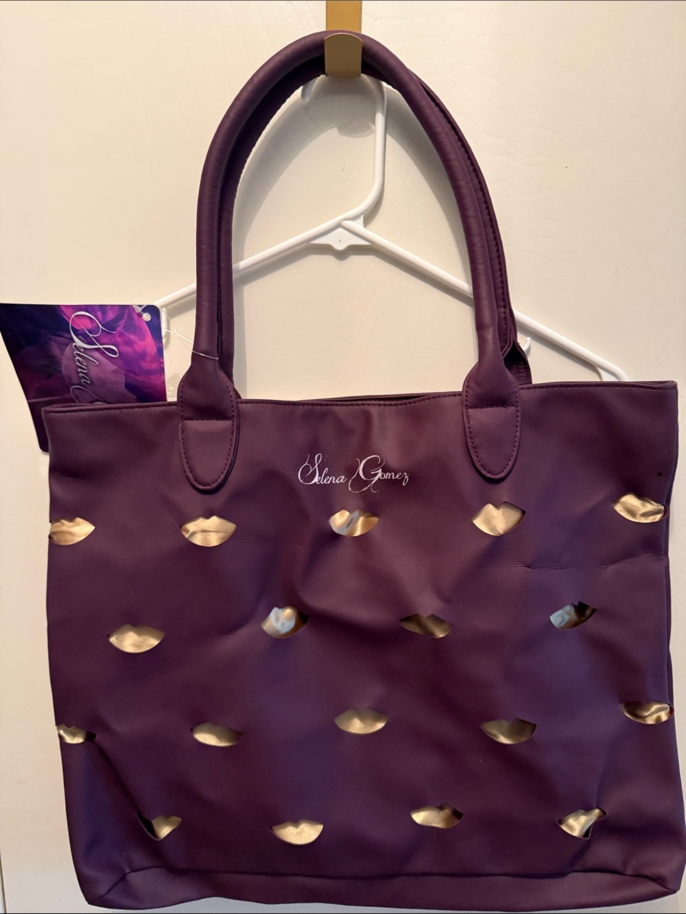 Selena Gomez Plum Tote with Gold Lip Accents